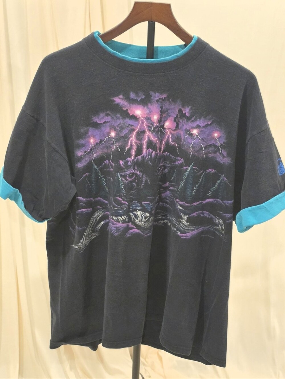 Vintage 90s Habitat Mountain Lion Lightning T Shirt XL Double Collar Teal